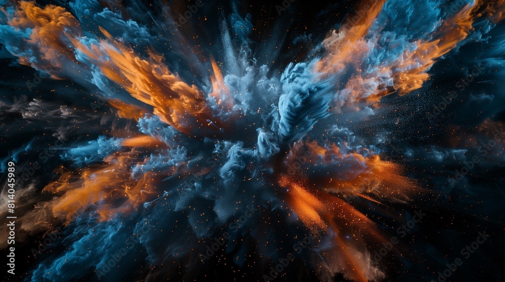 Wall mural an immersive and captivating illustration of abstract blue and orange color powder exploding in a bu