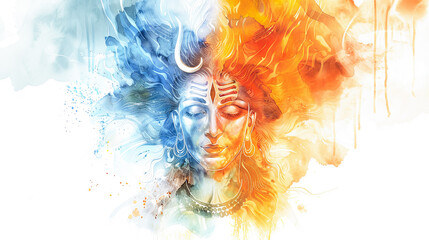 Fototapeta premium Beautiful digital painting of lord Shiva with a third eye and flames of wisdom on white background.