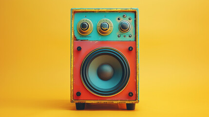 A retro-styled speaker with colorful accents on a bright yellow solid background