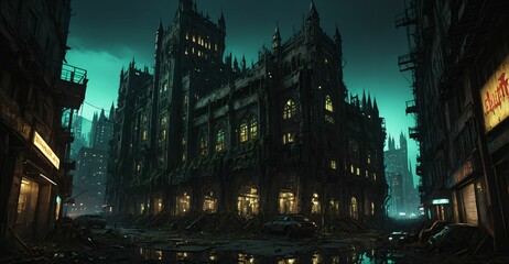 Fototapeta premium Gothic cyberpunk city buildings exterior. Baroque goth sci-fi castle palace. Abandoned futuristic dystopia reclaimed ancient ruins with colored stain glass.