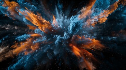 An immersive and captivating illustration of abstract blue and orange color powder exploding in a burst of color on a rich black backdrop