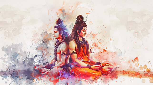 Beautiful digital artwork of lord Shiva and Parvati in a serene setting