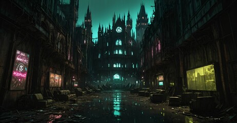 Gothic cyberpunk city buildings exterior. Baroque goth sci-fi castle palace. Abandoned futuristic dystopia reclaimed ancient ruins with colored stain glass.