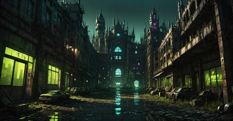 Fototapeta premium Gothic cyberpunk city buildings exterior. Baroque goth sci-fi castle palace. Abandoned futuristic dystopia reclaimed ancient ruins with colored stain glass.