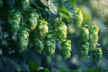 Artistic visualization of fresh green hop cones hanging from the vine in a lush hop garden,