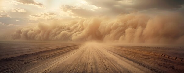 Massive sandstorm approaching on desert road