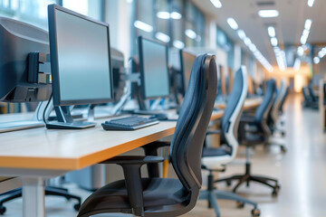 Corporate office with modern computers in a row