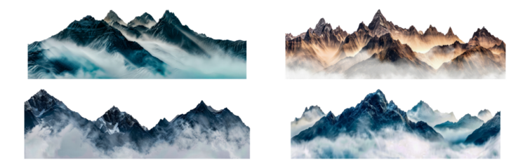 Set of Panoramic mountain, featuring icy blue and warm golden hues. Detailed icy peaks under a soft blue glow, evoking a tranquil and cold atmosphere isolated transparent PNG background