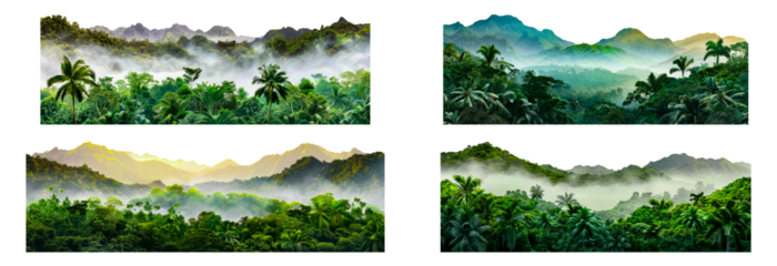Set of Tropical jungle panorama with misty mountains and dense green foliage isolated transparent PNG background