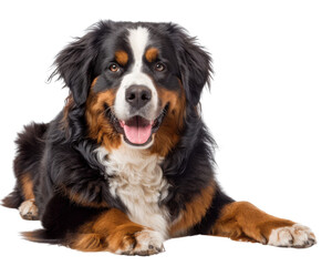 The image shows a cute dog with black, white, and brown fur. It is smiling and looking at the camera. It is a very friendly and happy dog.