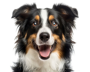 The image shows a happy and friendly Border Collie dog with a big smile on its face. It is looking up at the camera with its big brown eyes.