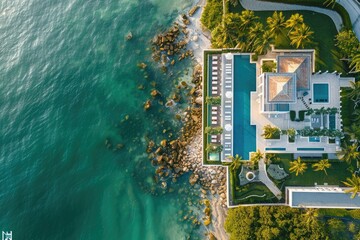 An aerial view of a luxurious Miami wedding venue by the sea