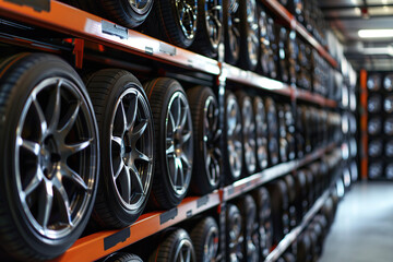 New tires and wheels on storage rack in car workshop