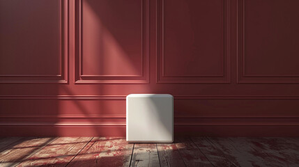 A minimalist white speaker on a rich burgundy solid background