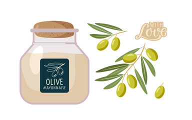 Olive Mayonnaise Sauce. Hand drawn package design. Jar of sauce. Homemade packaging design elements, olive branches and label. Flat vector Food template for menu, recipe, shop, cooking classes