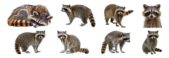 Set of Various poses of raccoons isolated transparent PNG background