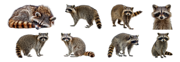 Set of Various poses of raccoons isolated transparent PNG background