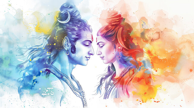 Beautiful digital painting of lord Shiva and Parvati in divine union on a white background perfect for home decor and gifts