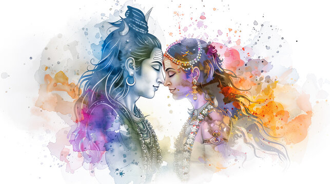 Beautiful digital painting of lord Shiva and Parvati in divine union on a white background perfect for home decor and gifts