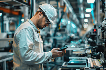 Worker assembles mobile phones at manufacturing company