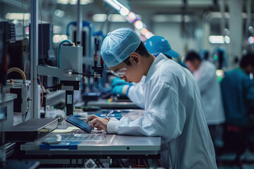 Worker assembles mobile phones at manufacturing company