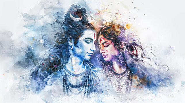 Beautiful digital painting of lord Shiva and Parvati in a heavenly setting perfect for home decor