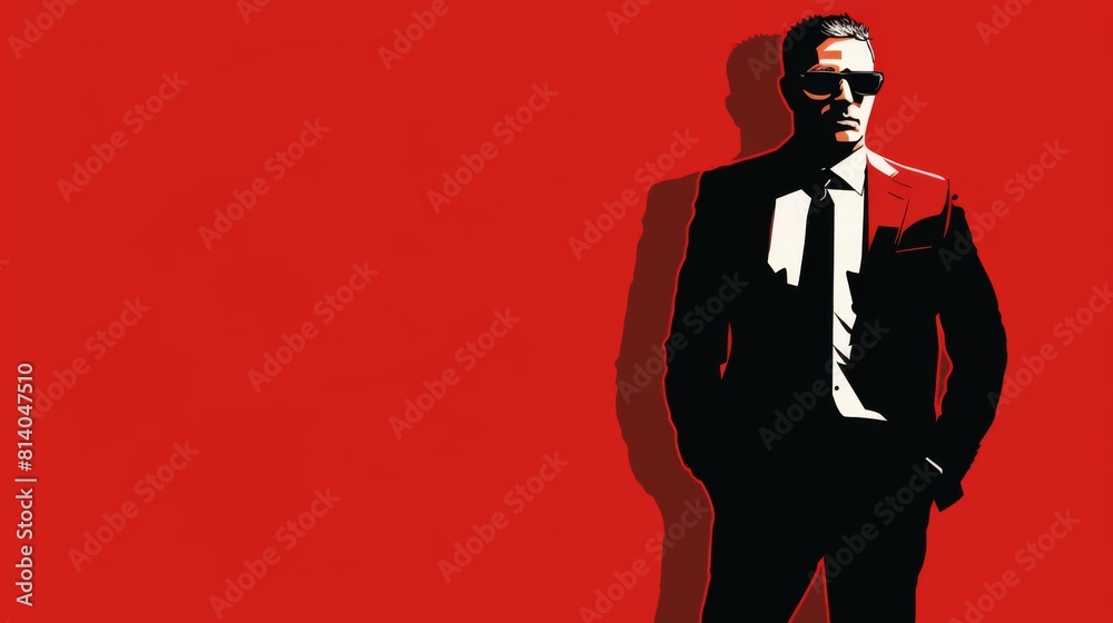 Wall mural A suited man standing confidently before a vibrant red wall