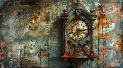 A weathered grandfather clock with gears morphing into faded photographs, each photo representing a significant memory triggered by the chime of the clock