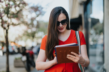 Professional businesswoman checking her tablet while walking outdoors, exemplifying multitasking...