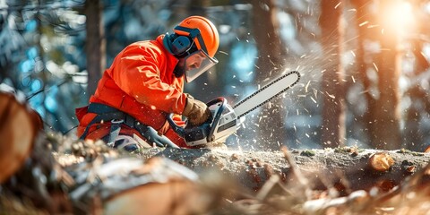 Lumberjack in orange safety gear uses chainsaw to cut down trees. Concept Lumberjack, Safety Gear, Chainsaw, Tree Cutting, Woodland Adventure - Powered by Adobe