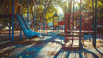 A colorful playground with swings, slides, and merry-go-round, bathed in sunlight with no children present.