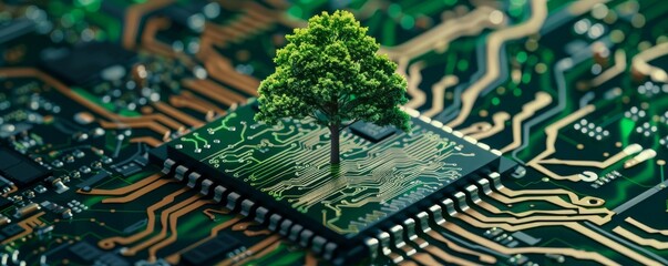 Tree growing on circuit board representing green technology