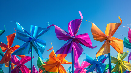 A group of colorful pinwheels spinning in the wind, their bright colors creating a dazzling display.