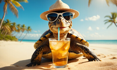 turtle wearing sunglasses and summer hat on tropical beach vacation drinks cocktail
