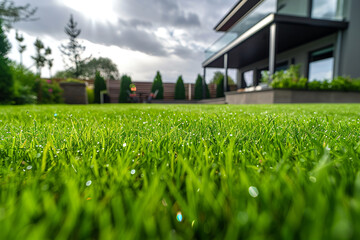 Front yard, landscape design with bright green lawns Behind the house is a modern, garden care service, green grass with a beautiful yard for the background.
