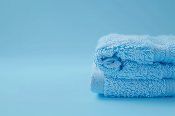 Light blue spa towels pile lying in a stack on light blue back with copy space
