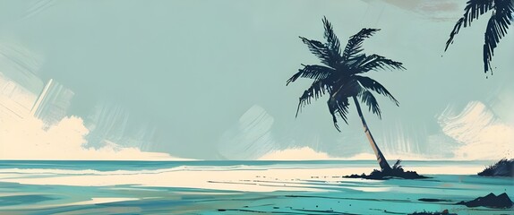 Summer coastal beach with palm trees artful painterly style illustration with grunge brush stroke texture. Generative AI