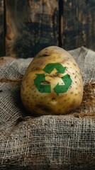 Potato with recycling symbol on rustic background