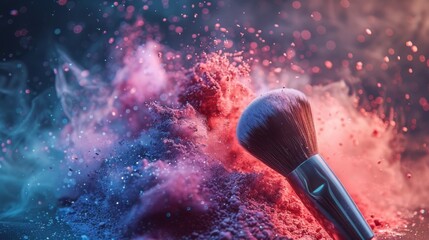 Makeup brush with explosive colorful powder on a dark background