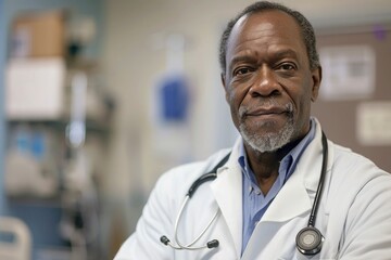 portrait of a black male doctor in his 50s on hospital background