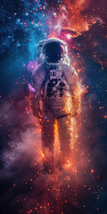 Astronaut with galactic backdrop and light trails