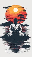 taekwondo or karate fighter on a plain background, hand-drawn grunge copy space style, Concept: martial arts and sports competitions