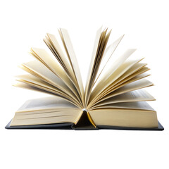 A hardcover book with pages fanned out standing on a transparent surface