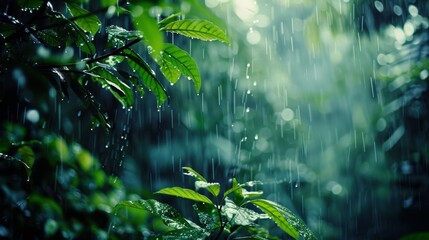 A rainy forest scene captured in high definition, raindrops glistening on leaves, the sound of rain subtly implied, enhancing the lush, wet greenery. Created Using: rainy ambiance, wet surface