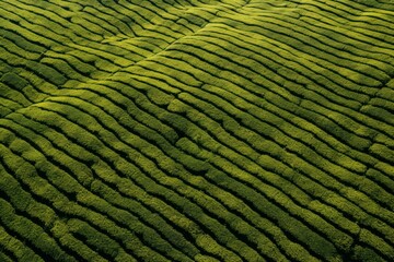 Fototapeta premium Verdant Tea field green color top view texture. Scene agriculture cultivation foliage harvest. Generate Ai