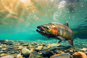 Wild Salmon Underwater Migration. Fishing. Close-up shut of a fish hook under water. Salmon race....