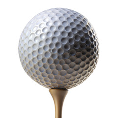 A golf ball teed up close-up with a stark transparent backdrop