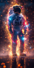 Astronaut standing with cosmos reflection