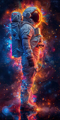 Astronaut tethered in a vibrant cosmic storm