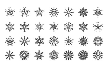 Snowflakes icons. Snow winter snowflakes template isolated on background.  Black outline vector graphics.
